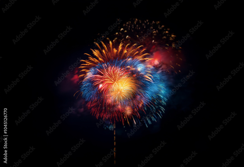 An isolated firework display explodes in a burst of red, orange, blue, and yellow against a black background. An isolated firework display explodes in a burst of red, orange, blue, and yellow against a black background.