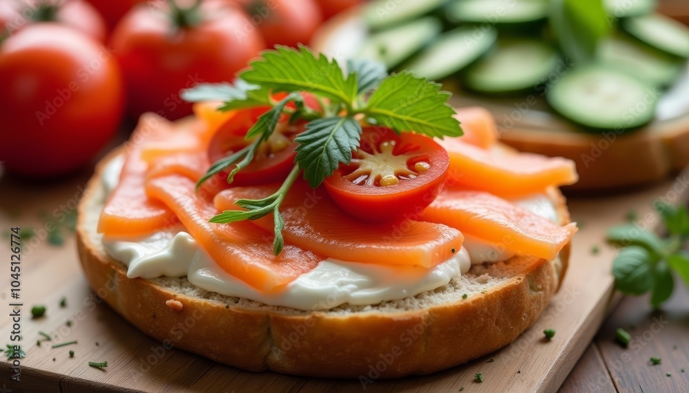 Freshly prepared gourmet openfaced sandwich with salmon and tomato Freshly prepared gourmet openfaced sandwich with salmon and tomato