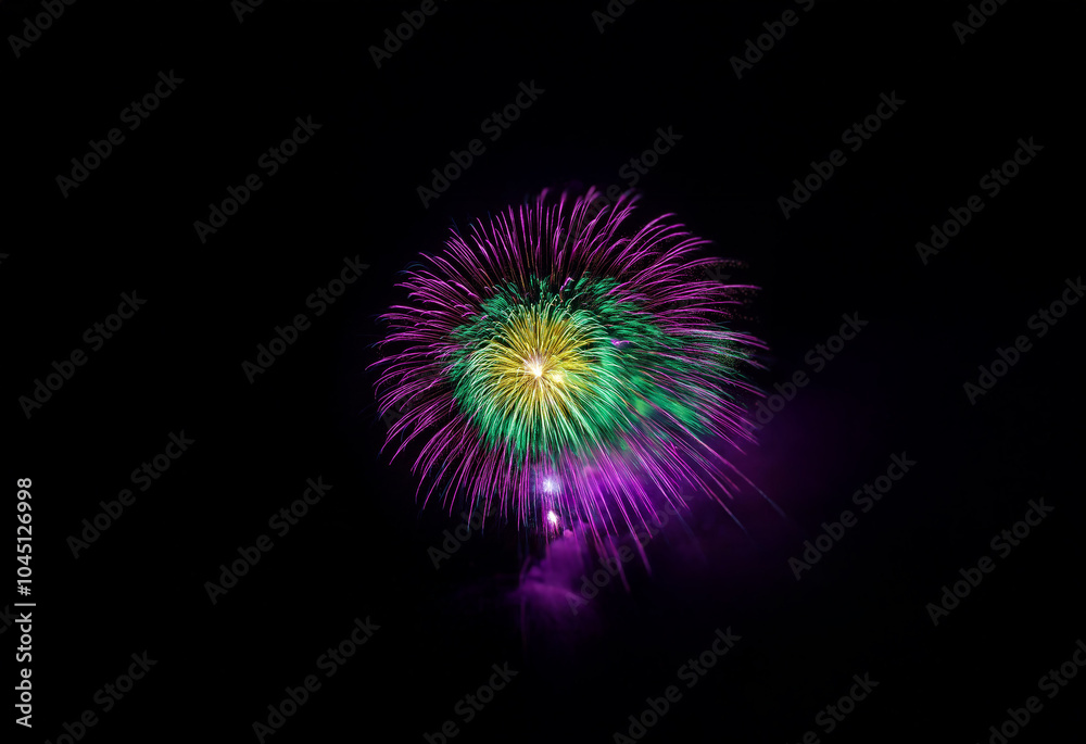 A vibrant firework display with purple, green, and yellow hues bursts against a black background. A vibrant firework display with purple, green, and yellow hues bursts against a black background.