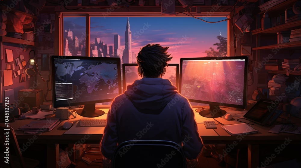 Developer sitting at a workstation, back to the camera, face hidden by a monitor Developer sitting at a workstation, back to the camera, face hidden by a monitor