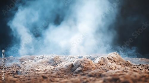 A dramatic close-up of a volcanic crater, focusing on the rough textures of the lava rocks and ash in high resolution, while the steaming fumaroles in the background blur into soft bokeh