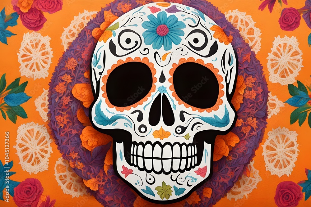 An intricately painted calavera skull set against a backdrop of bright papel picado, Ai Generated An intricately painted calavera skull set against a backdrop of bright papel picado, Ai Generated