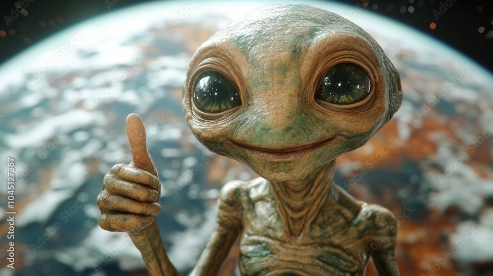 Friendly alien making thumbs up gesture with planet earth in background Friendly alien making thumbs up gesture with planet earth in background