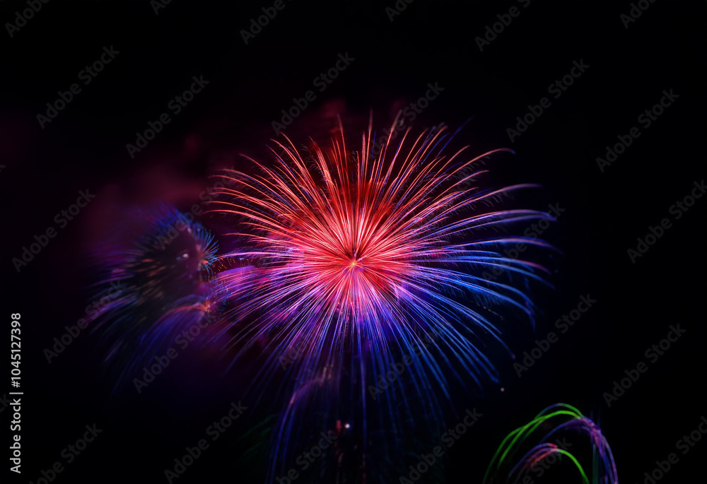 A single firework bursts against a dark sky, its red, purple, and blue streaks radiating outwards. A single firework bursts against a dark sky, its red, purple, and blue streaks radiating outwards.