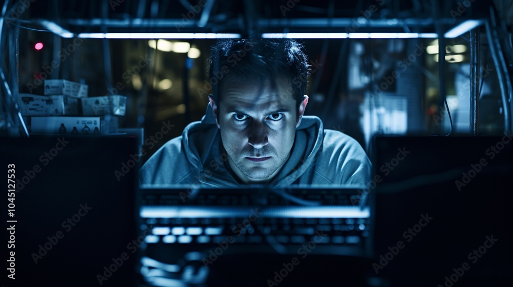 Obraz premium Software engineer focused on a task, face not visible from behind the monitor