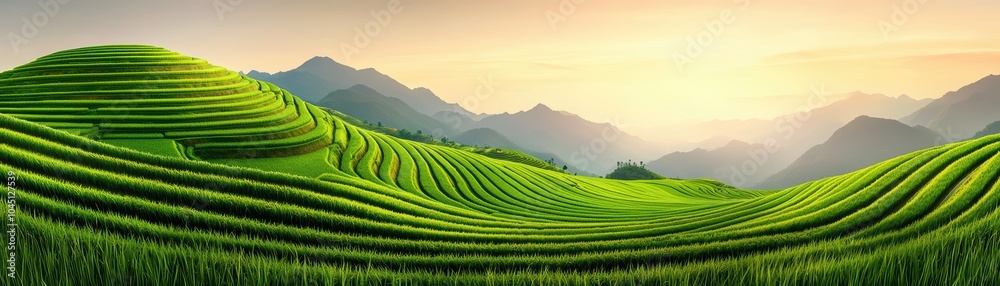 Lush green terraced rice fields under bright sunset sky in mountainous region.