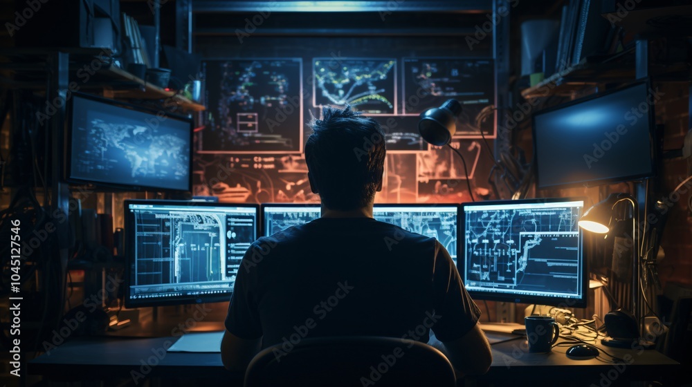 Software engineer focused on a task, face not visible from behind the monitor Software engineer focused on a task, face not visible from behind the monitor