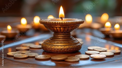 Watercolor dreidel game scene, coins and dreidels spinning on the table, warm candlelight illuminating the background photo