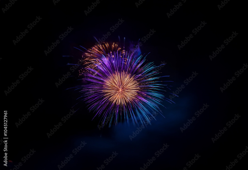 A burst of fireworks explodes against a dark, isolated background, displaying vibrant hues of purple, blue, and orange. A burst of fireworks explodes against a dark, isolated background, displaying vibrant hues of purple, blue, and orange.