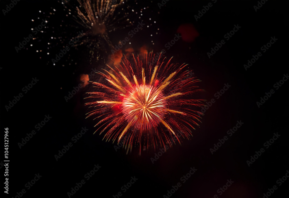 An isolated firework explodes in a burst of red and yellow against a black background. An isolated firework explodes in a burst of red and yellow against a black background.