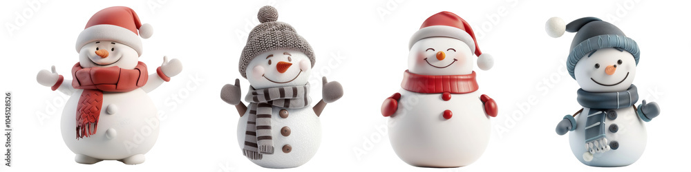Collection of 3D snow man characters of merry Christmas isolated on transparent or white background Collection of 3D snow man characters of merry Christmas isolated on transparent or white background