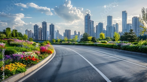 Scenic Highway Road with Urban Skyline and Lush Garden Landscape