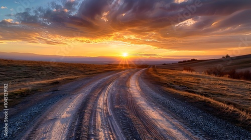 Winding Dirt Road Through Scenic Countryside at Dramatic Sunset or Sunrise