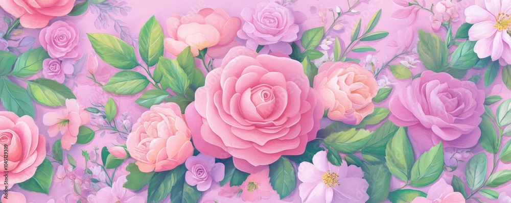 Beautiful pink floral composition with roses and green leaves Beautiful pink floral composition with roses and green leaves