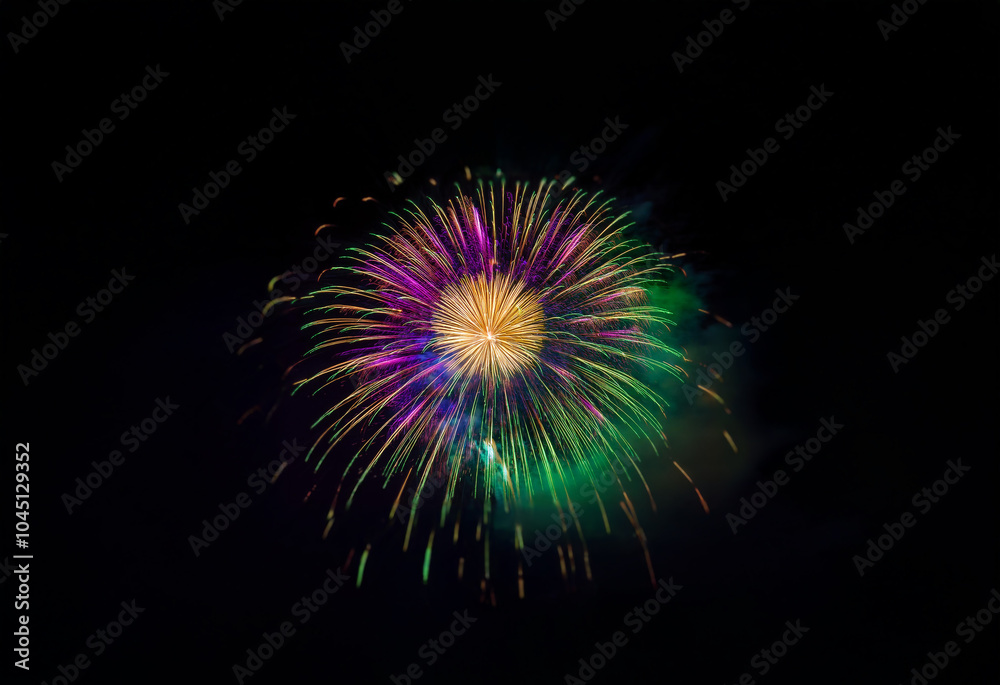 An isolated firework display explodes against a black background. An isolated firework display explodes against a black background.