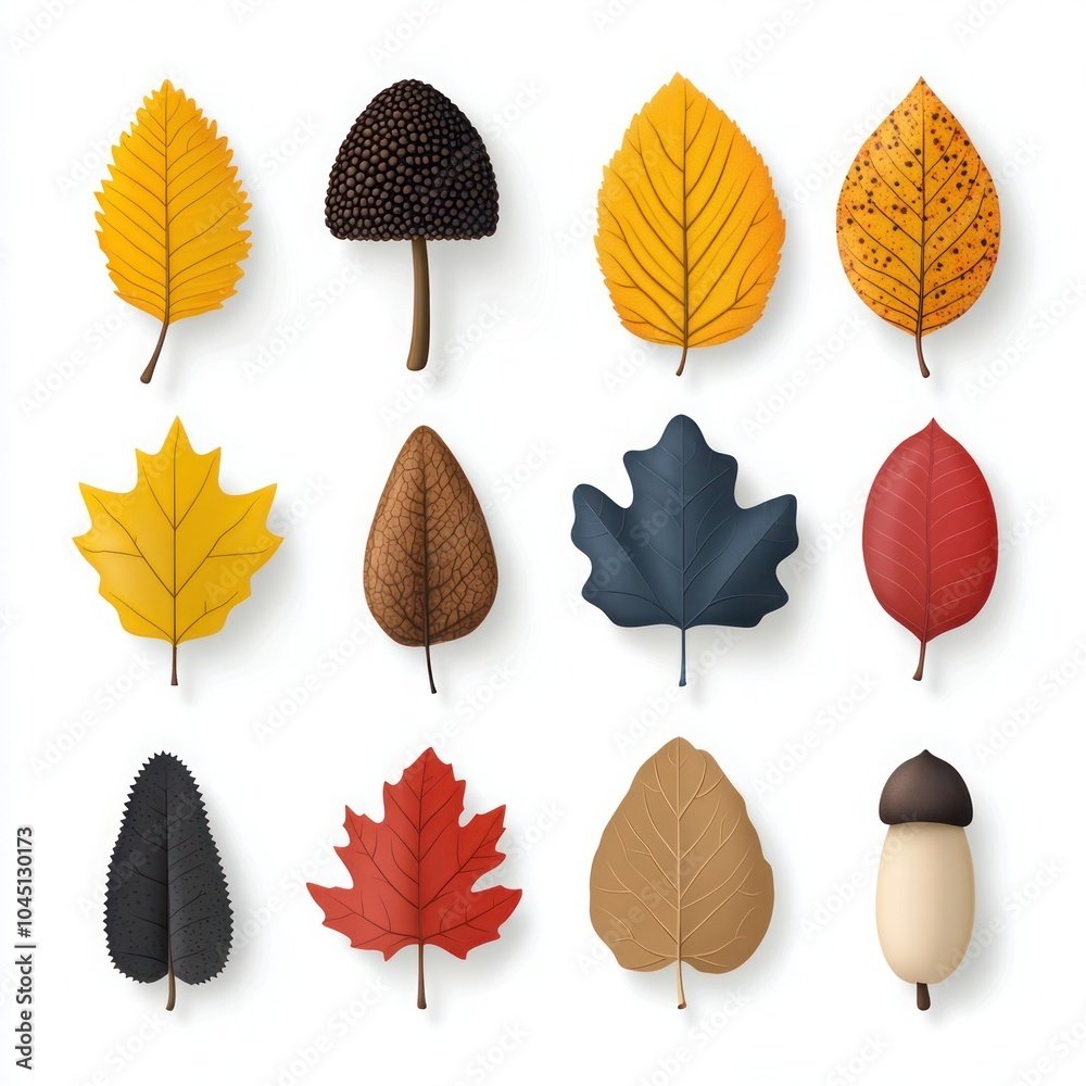 Fototapeta premium Colorful Autumn Foliage Collection: Falling Leaves, Rowan, Oak, Maple, Birch, and Acorns Isolated on Yellow Background. Vector Illustration Set.