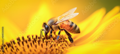 Close-up view of a honeybee gathering nectar from a bright yellow flower, showing intricate details of its wings and pollen-covered body.