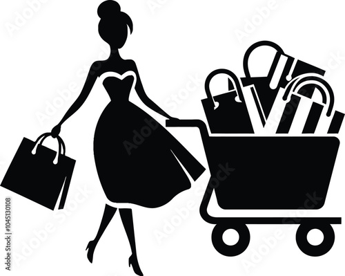 a digital silhouette of a woman of a shopping cart filled with various items