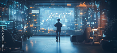 A man in a sleek, modern office space surrounded by large digital data displays on glass walls, interacting with holographic screens. The environment portrays innovation and advanced technology.