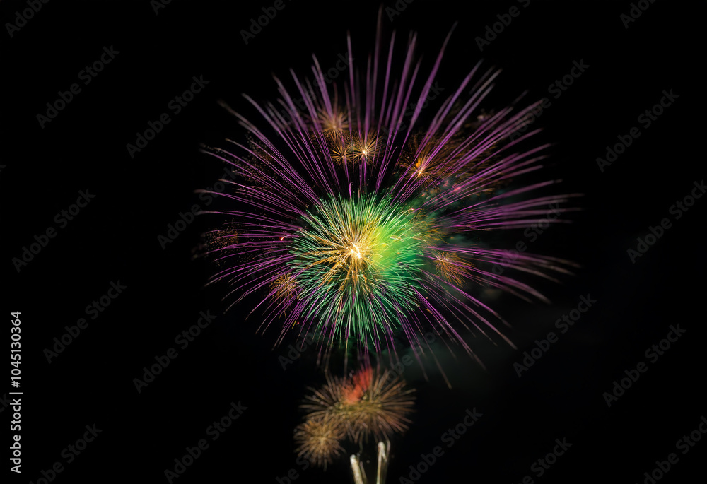 A single firework bursts in the night sky against a black background, radiating purple, green, and yellow sparks. A single firework bursts in the night sky against a black background, radiating purple, green, and yellow sparks.