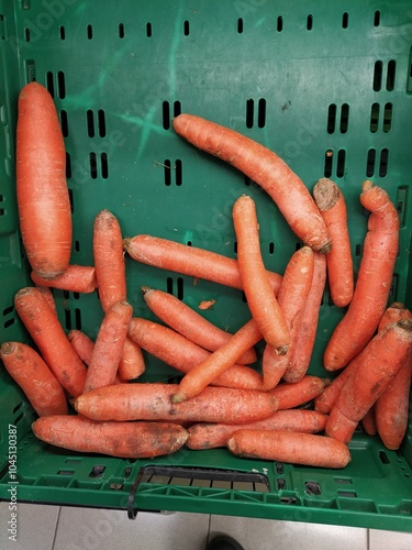 Obraz na plátně A collection of rotten carrots displaying mold inside a green produce box at a supermarket, showcasing the effects of improper storage during early autumn