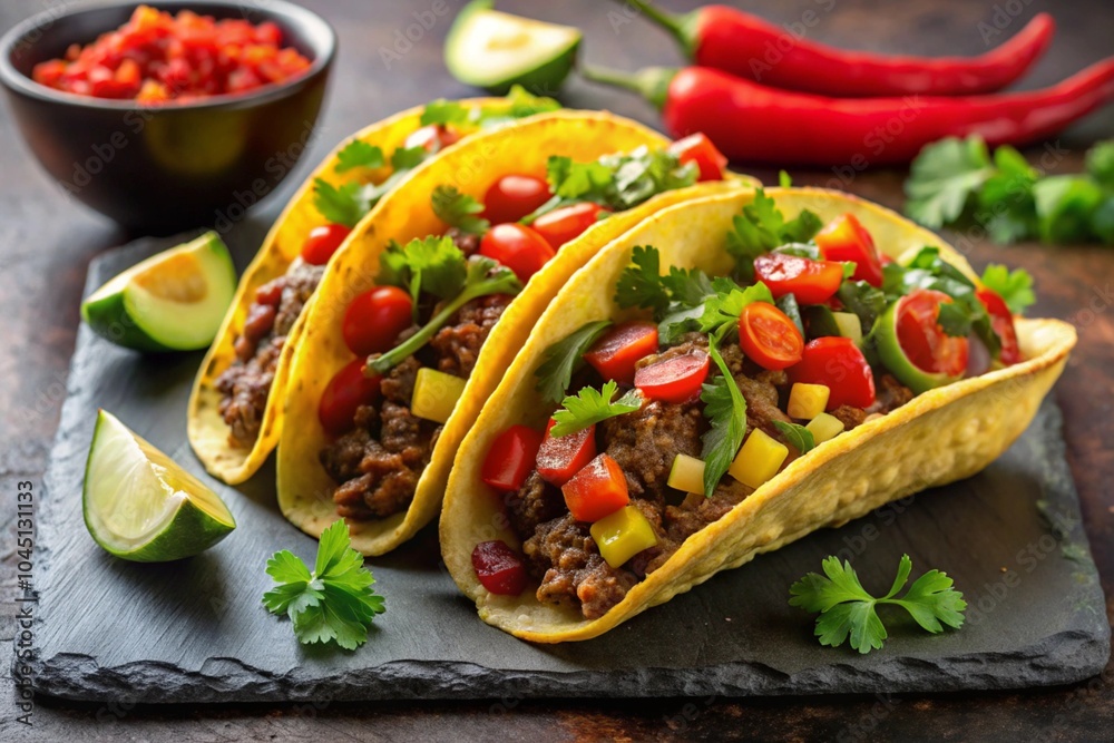 Mexican food - delicious taco shells with ground beef and home made salsa Mexican food - delicious taco shells with ground beef and home made salsa
