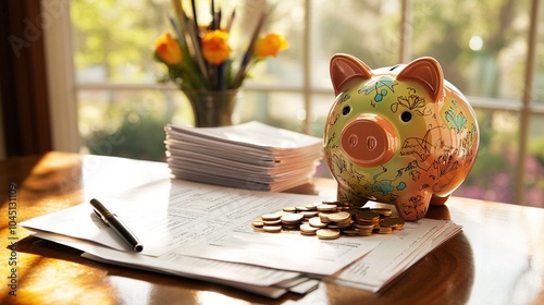 Vibrant ceramic piggy bank with coins spilling out on a polished wooden desk, surrounded by pension documents and a stylish pen. retirement savings, financial planning, future, security, success photo