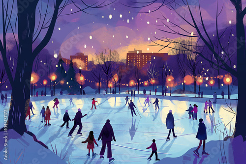 Ice skating in nice winter landscape, illustration. Beautiful winter scenery, blue and white colors. Snowy landscape, snowcapped trees. Holiday Poster and greeting card with happy people doing sport. photo