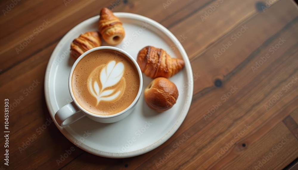 Obraz premium A cozy morning with a warm cup of coffee and a flaky croissant