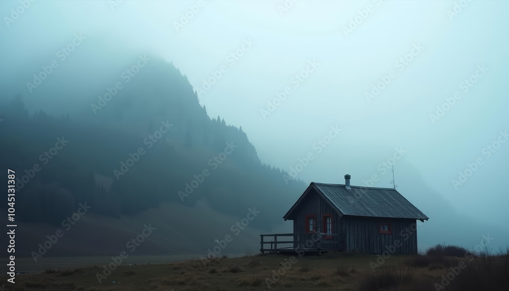 Isolated cabin in the misty mountains Isolated cabin in the misty mountains