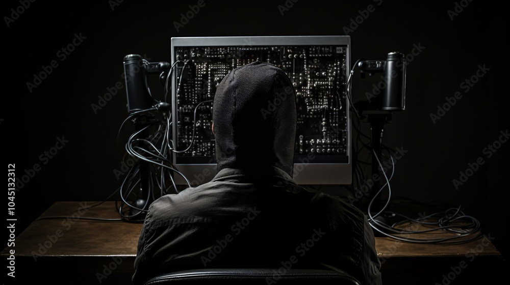 Naklejka premium Developer typing on a computer, face obscured by the back of a chair