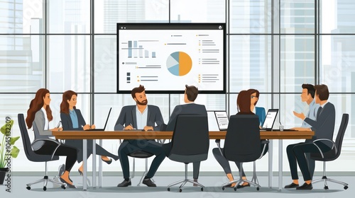 business meeting, professionals gathered around a table discussing strategies in a modern office illustrations