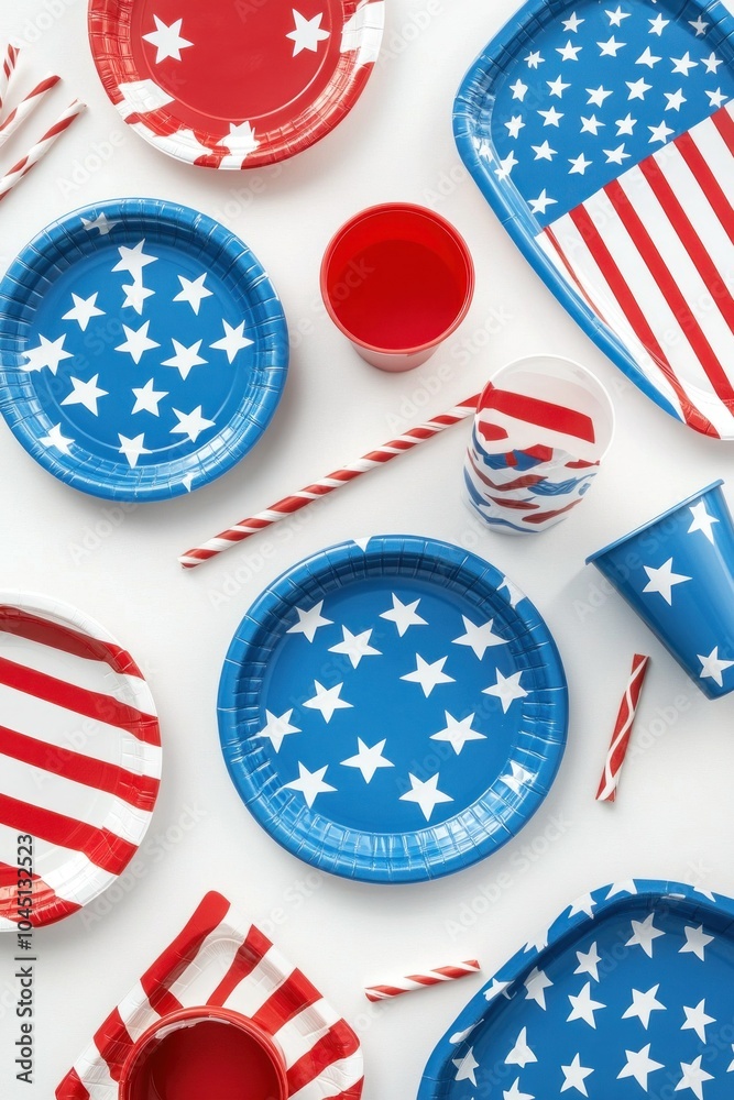 Obraz premium 30 blue and red plastic plates, straws, and cups with the American flag on a white background
