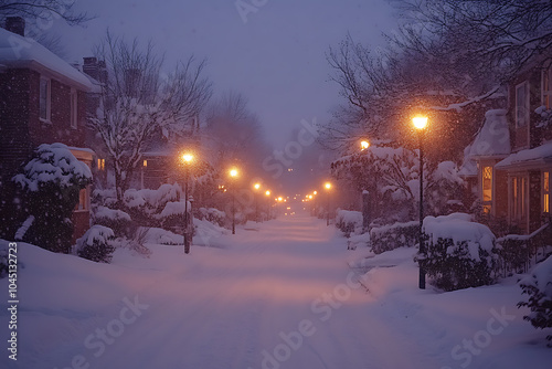 Street lamps illuminating a quiet, snow-covered street in the evening, with soft shadows and snow gently falling, creating a peaceful winter scene.