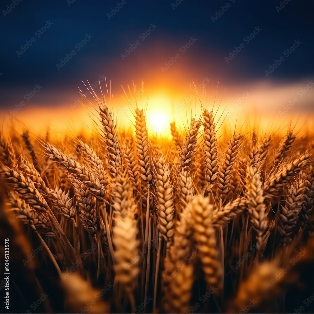 Golden Harvest: Stunning Sunset Landscape of Wheat Field with Natural Growth and Productivity Golden Harvest: Stunning Sunset Landscape of Wheat Field with Natural Growth and Productivity