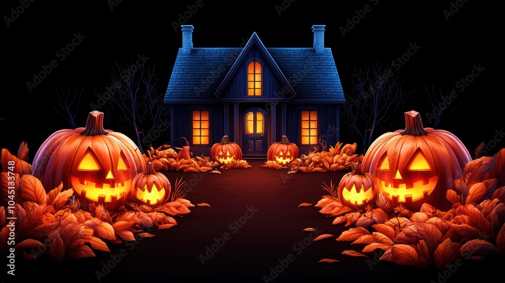 Spooky Halloween scene with a haunted house surrounded by carved pumpkins and autumn leaves at night. Spooky Halloween scene with a haunted house surrounded by carved pumpkins and autumn leaves at night.
