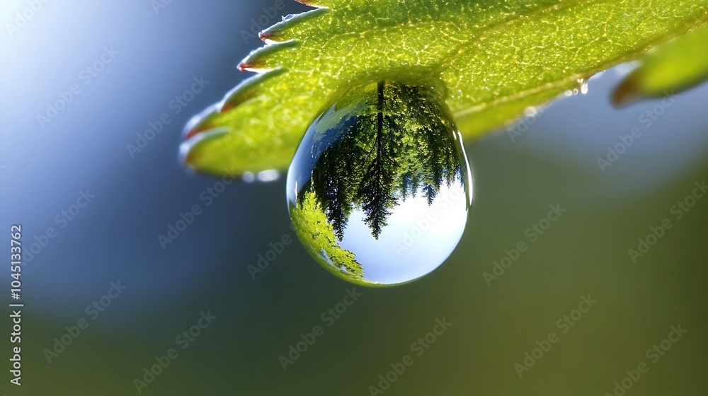 A high-resolution close-up of a rainwater drop hanging from a leaf, reflecting the surrounding forest in perfect detail, while the background blurs into soft bokeh A high-resolution close-up of a rainwater drop hanging from a leaf, reflecting the surrounding forest in perfect detail, while the background blurs into soft bokeh