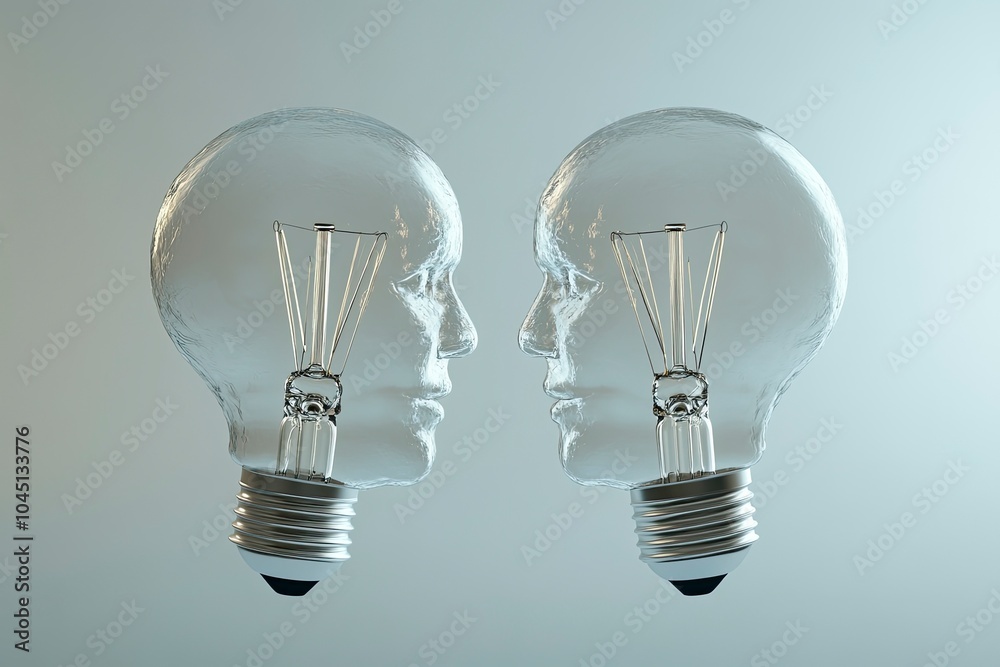 Creative unity partnership light bulb as two groups of lightbulb objects shaped as a human head joining together for a team project as a concept of inspiration. with generative ai