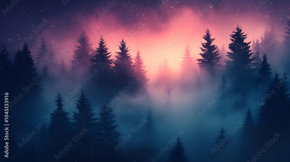 Winter solstice watercolor painting of tall pine trees against a gradient sky of soft purples and blues, with snow gently falling Winter solstice watercolor painting of tall pine trees against a gradient sky of soft purples and blues, with snow gently falling