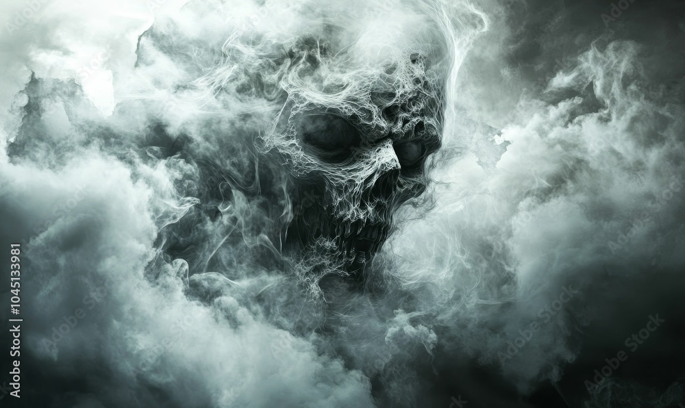 Obraz premium A ghostly skull emerges from the clouds.