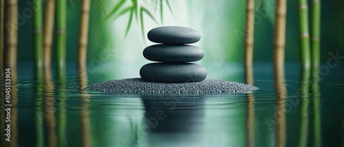 Stacked stones on a peaceful water surface surrounded by bamboo, promoting tranquility and meditation.