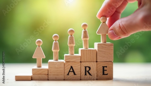 Wooden blocks spelling "ARE" with wooden figurines on a green background