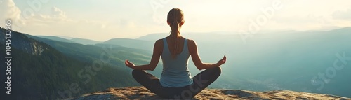 Woman Practicing Mindful Breathing Exercises Amid Vast Mountain Scenery for Detox and Rejuvenation photo