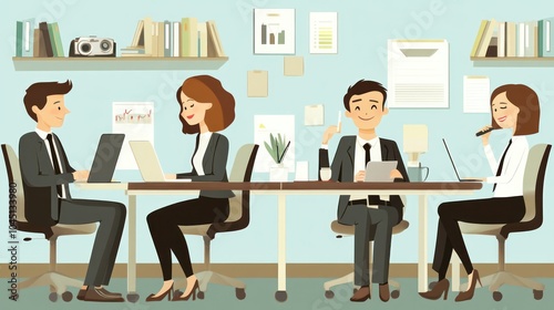 business team in casual environment, relaxed business team working in a cozy, casual office environment illustrations