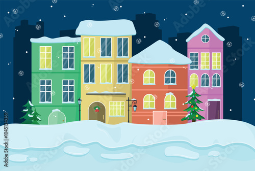Night cityscape with European winter houses. Concept for Christmas or winter postcard.