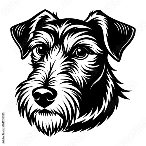 irish terrier dog face icon. Black and white logo, dog silhouette, engraving style. Pet character. Vector illustration