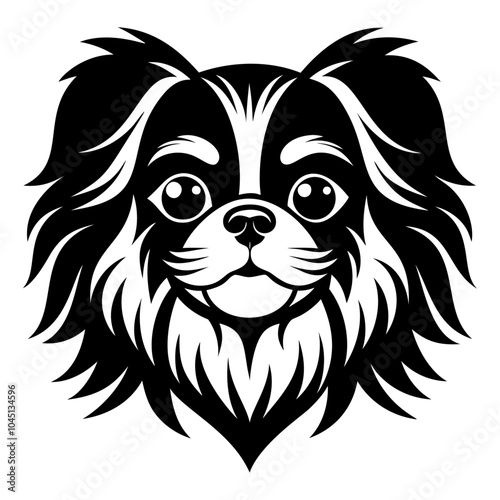 japanese chin dog face icon. Black and white logo, dog silhouette, engraving style. Pet character. Vector illustration