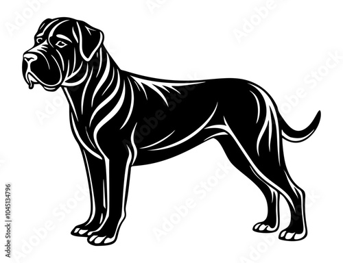 mastiff dog full body icon. Black and white logo, dog silhouette, engraving style. Pet character. Vector illustration