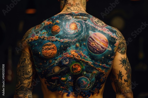 A full-back tattoo of a celestial scene with planets, stars, and galaxies in vibrant colors photo