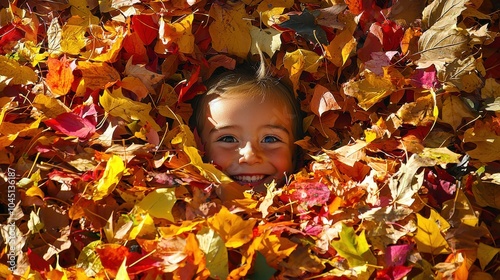 A child with bright eyes jumps into a pile of freshly raked leaves giggling as they disappear into the colorful mound